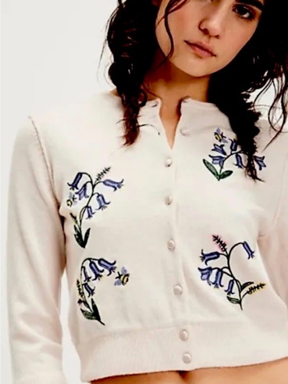 Free People Cashmere Blend Cream Cardigan with  Floral Embroidery and Silk Lined